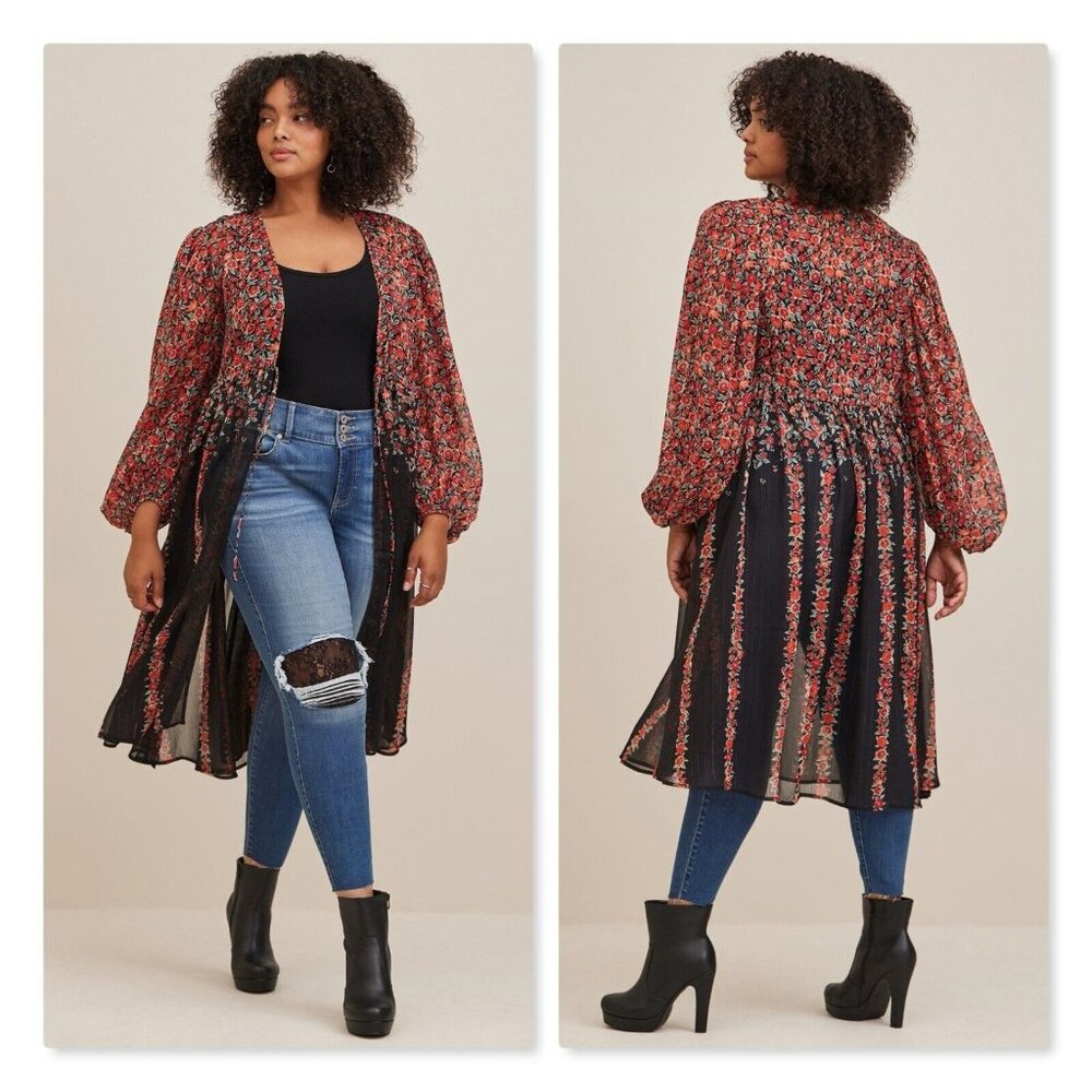 NWT Torrid Lurex Chiffon Tie Front Maxi Kimono Floral Black Women Plus Size 2X